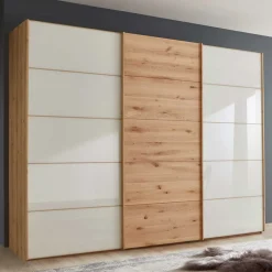 Best 300 cm breiter Schwebetürenschrank mit Glas Beige - Nikoba Kleiderschränke|Schränke