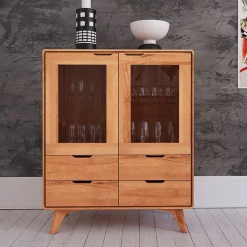 Best 110 cm niedrige Holzvitrine aus Kernbuche - Junola Highboards|Vitrinen