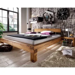 Clearance Balken-Doppelbett mit Nachttischen im Set Housten aus Wildeiche massiv (dreiteilig) Betten