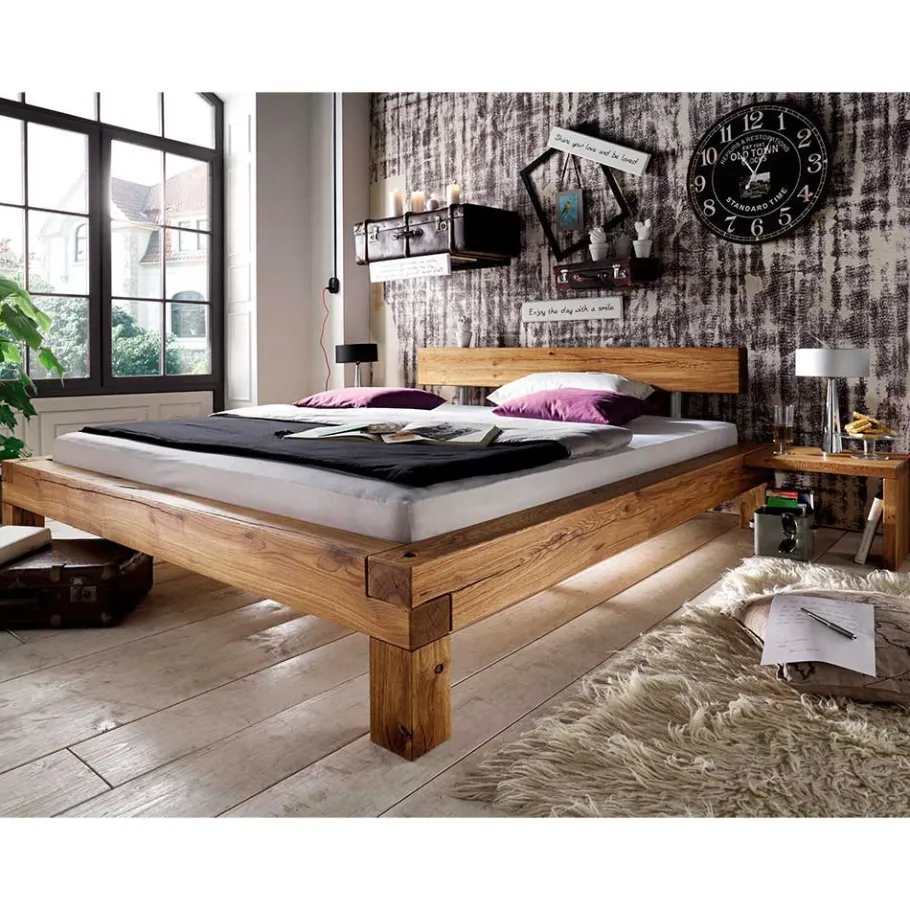Clearance Balken-Doppelbett mit Nachttischen im Set Housten aus Wildeiche massiv (dreiteilig) Betten