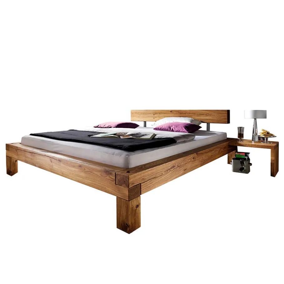 Clearance Balken-Doppelbett mit Nachttischen im Set Housten aus Wildeiche massiv (dreiteilig) Betten