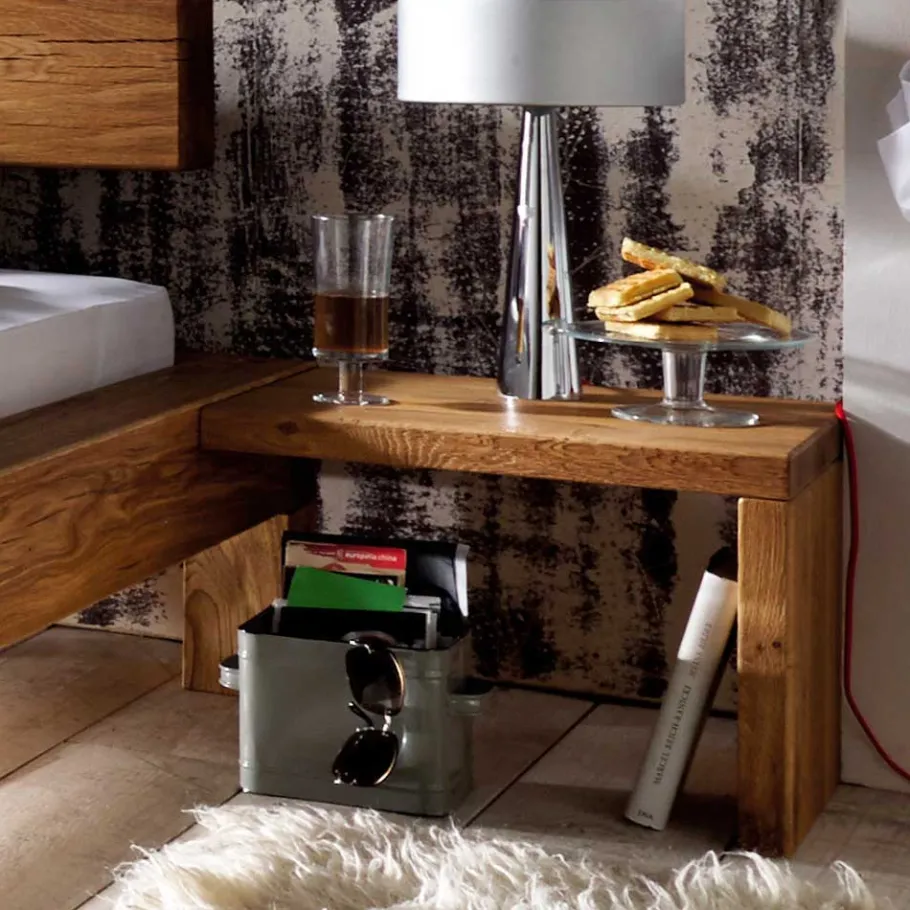Clearance Balken-Doppelbett mit Nachttischen im Set Housten aus Wildeiche massiv (dreiteilig) Betten