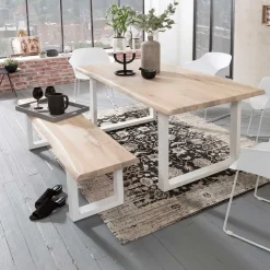 Clearance Baumkante Esstisch & Bank in White Wash - Tilveta (zweiteilig) Sitzgruppe