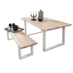 Clearance Baumkante Esstisch & Bank in White Wash - Tilveta (zweiteilig) Sitzgruppe