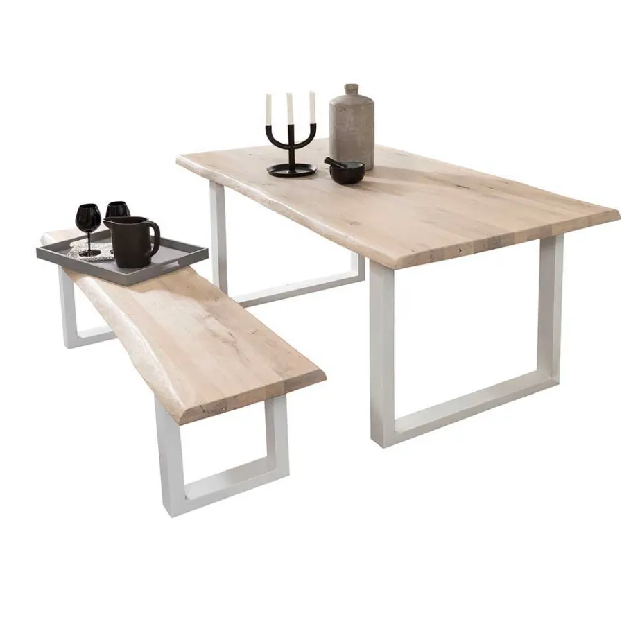 Clearance Baumkante Esstisch & Bank in White Wash - Tilveta (zweiteilig) Sitzgruppe