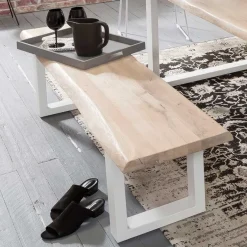 Clearance Baumkante Esstisch & Bank in White Wash - Tilveta (zweiteilig) Sitzgruppe