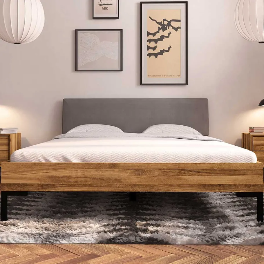 Best Bett mit Wildeiche Rahmen & Polsterkopfteil in Grau - Kerfa Betten