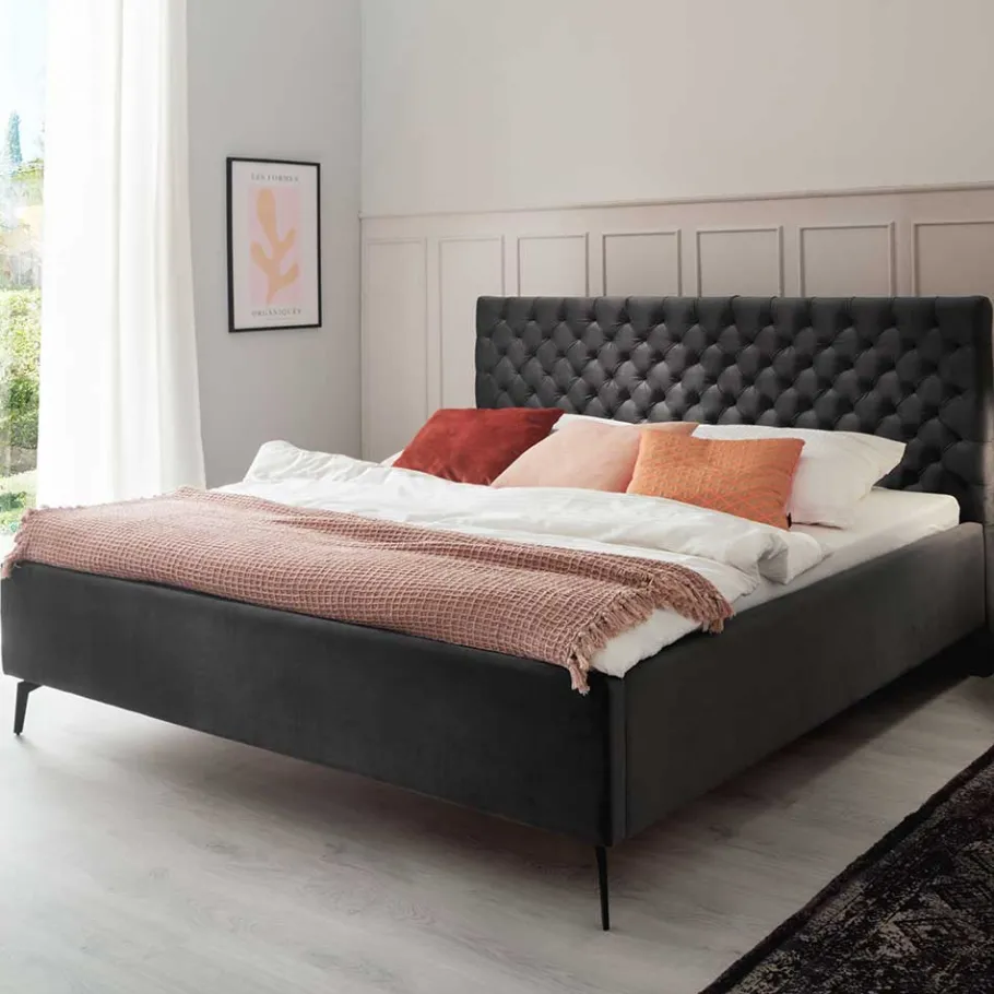 Clearance Chesterfield Samtbett in Anthrazit - Satos Betten