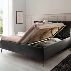 Clearance Chesterfield Samtbett in Anthrazit - Satos Betten