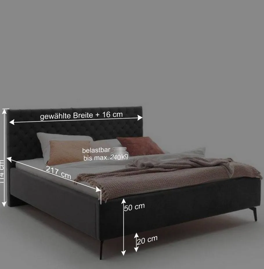 Clearance Chesterfield Samtbett in Anthrazit - Satos Betten