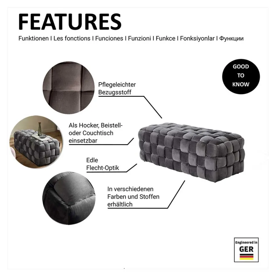 Outlet Flechtdesign Samtbank in Platingrau - Lessia Sitzbank