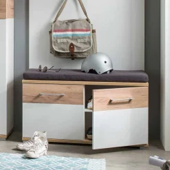 Outlet Garderoben Sitzbank Vicanossa in Weiß Eiche Sitzbank