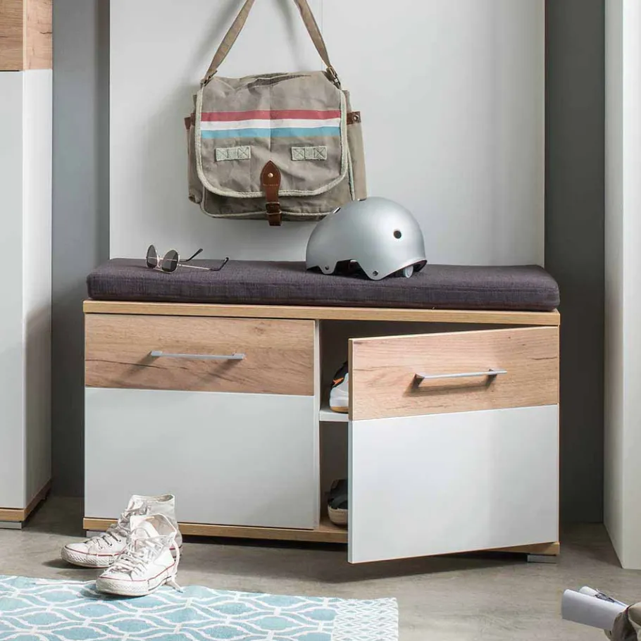 Outlet Garderoben Sitzbank Vicanossa in Weiß Eiche Sitzbank