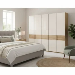 Sale Glasfront Kleiderschrank in Beige & Eiche - Emdsiva Kleiderschränke|Schränke