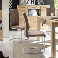 Sale Hellbrauner Freischwinger Stuhl Carihm mit Kunstleder (4er Set) Sessel|Stühle