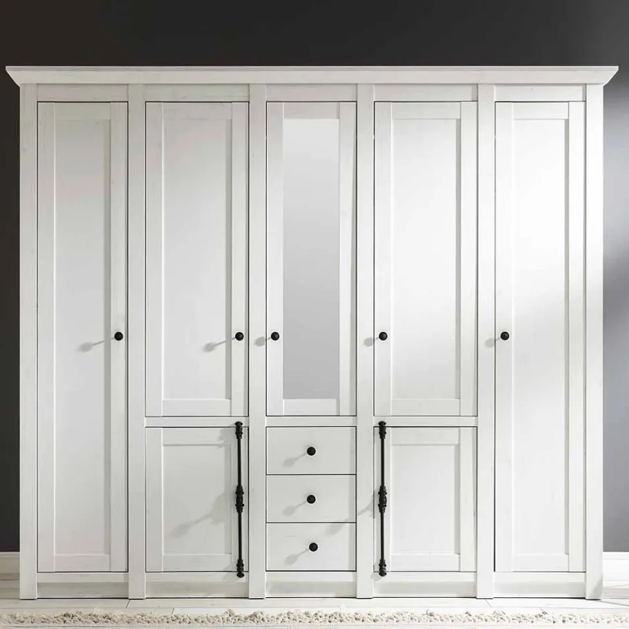 New Landhaus Kleiderschrank Chelles in Weiß mit Spiegel Kleiderschränke|Schränke