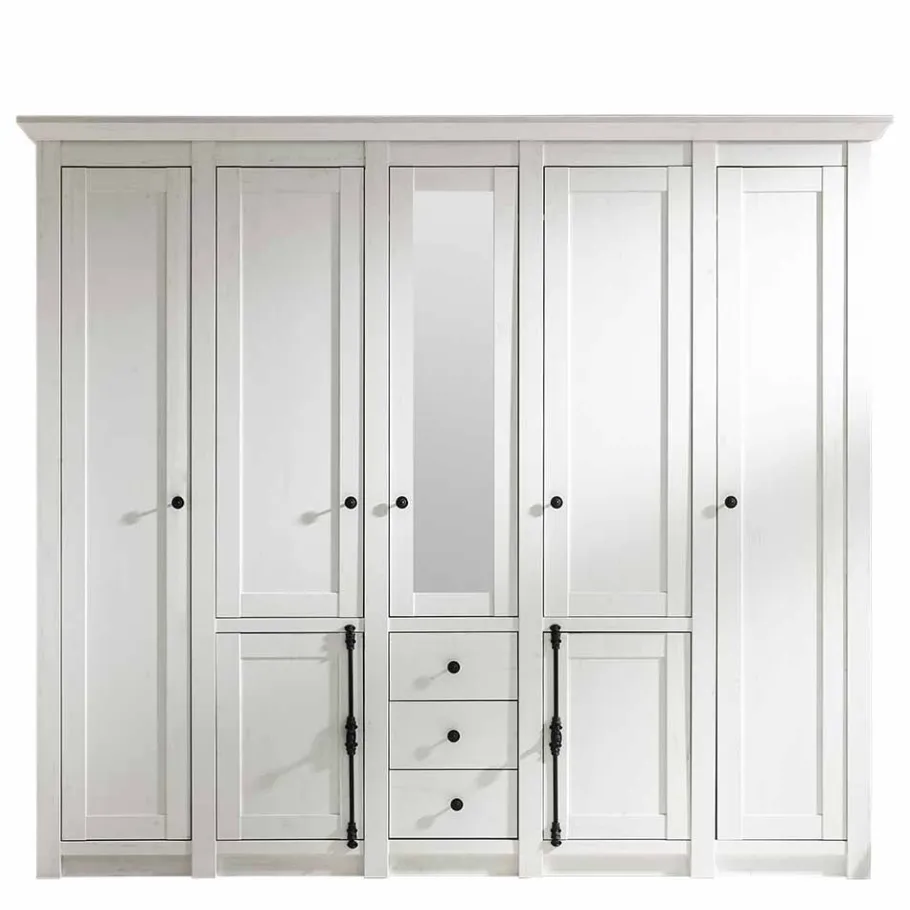 New Landhaus Kleiderschrank Chelles in Weiß mit Spiegel Kleiderschränke|Schränke