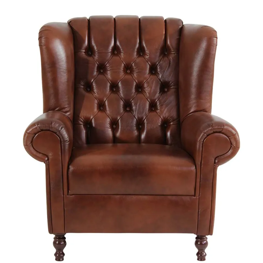 Clearance Leder Ohrensessel in Braun Chesterfield - Karim Sessel