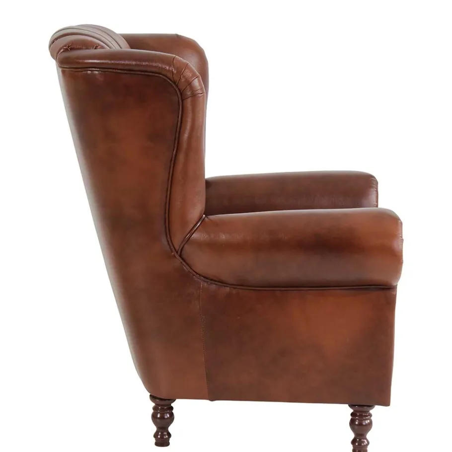 Clearance Leder Ohrensessel in Braun Chesterfield - Karim Sessel