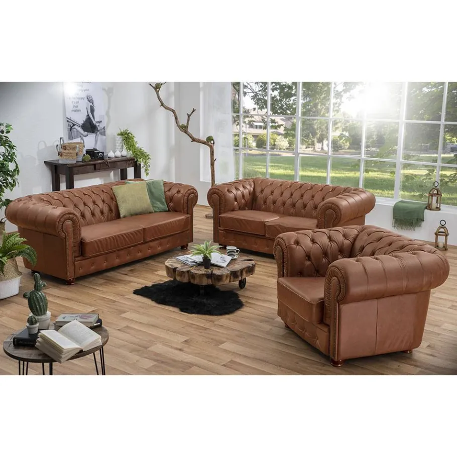 Sale Leder Polstergarnitur Chesterfield - Gonron (dreiteilig) Sitzgruppe