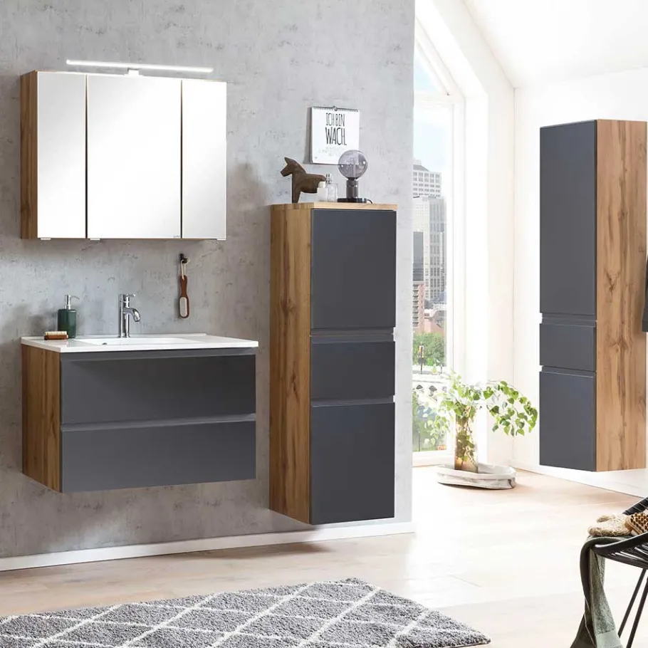 Sale Midischrank fürs Bad in Grau matt & Wildeiche - Jambi Schränke