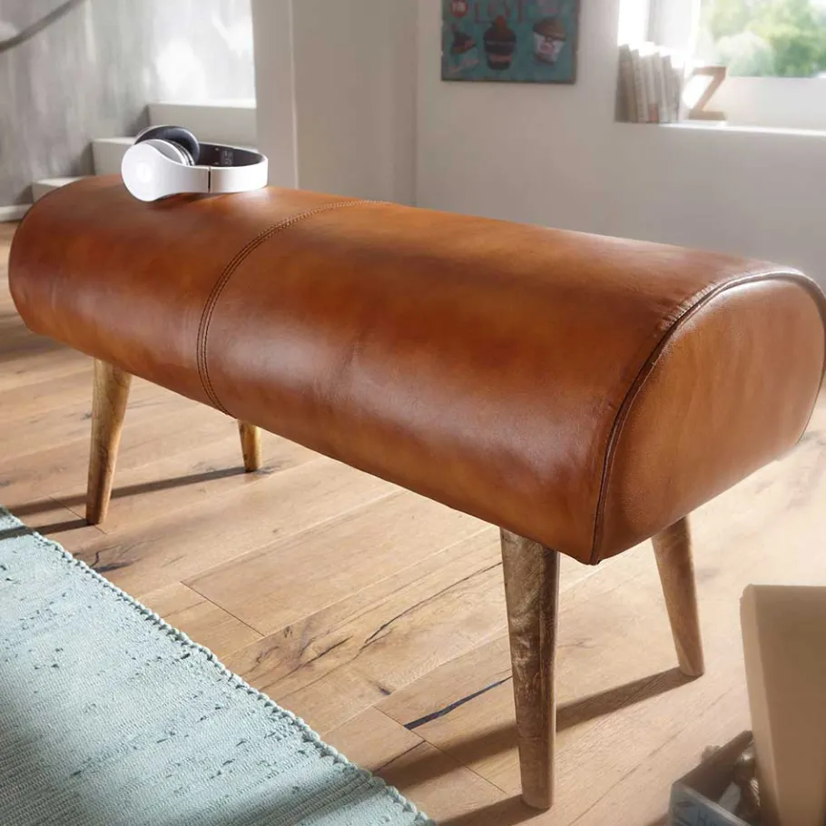 Polsterbank mit Ledersitz in Cognac Braun - Tonas Sitzbank