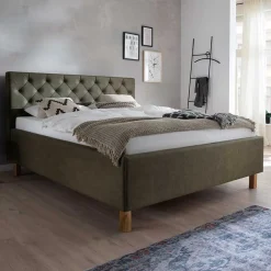 Outlet Polsterbett in Oliv Grün & Eiche - Miania Betten