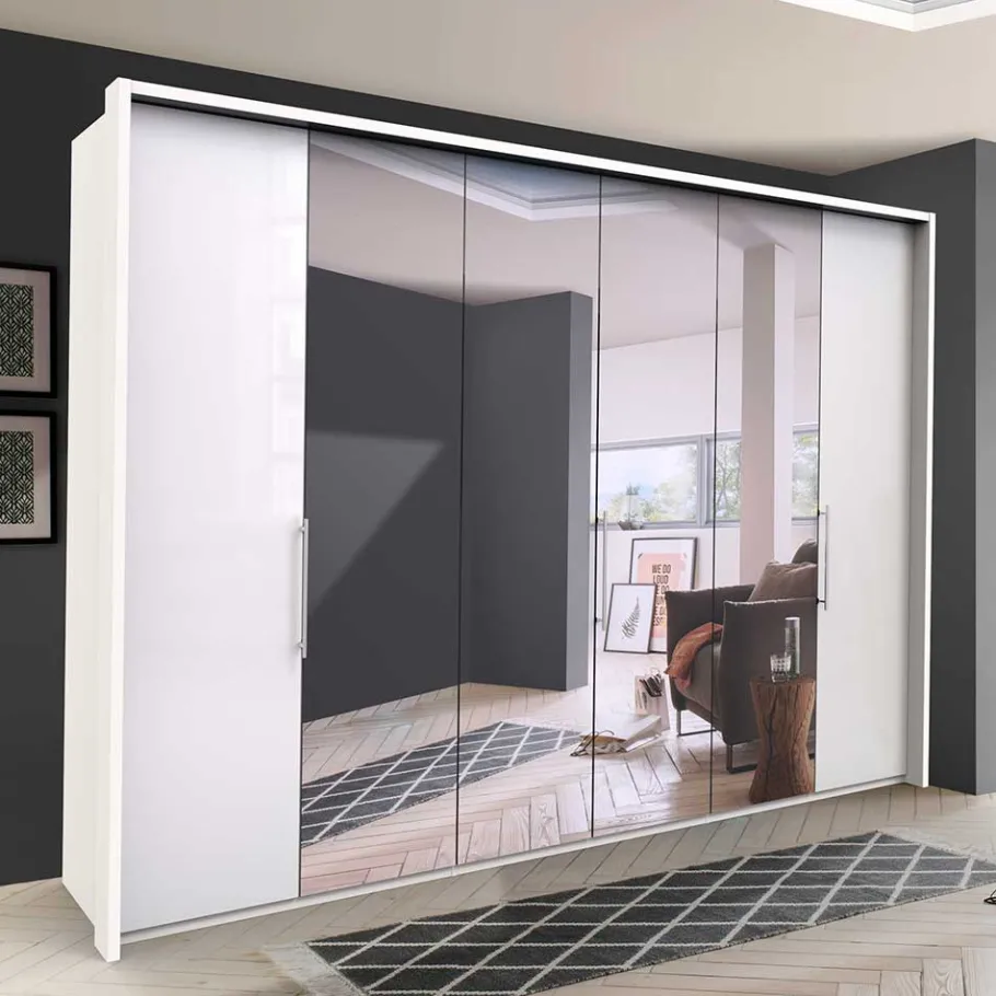 Sale Schlafzimmerschrank mit Spiegel & Glas Front in Weiß - Dolienca Kleiderschränke