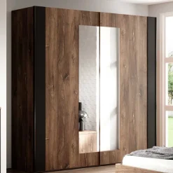 Outlet Schwebetürenschrank in Eiche Dunkel & Schwarz - Prabhaa Kleiderschränke