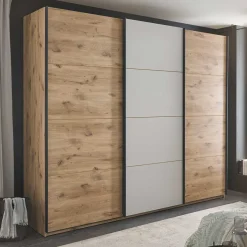 Sale Schwebetürenschrank in Grau und Wildeiche Hell - Simple Kleiderschränke|Schränke