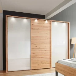 Discount Schwebetürenschrank in Kernbuche & Beige - Krofun Kleiderschränke|Schränke