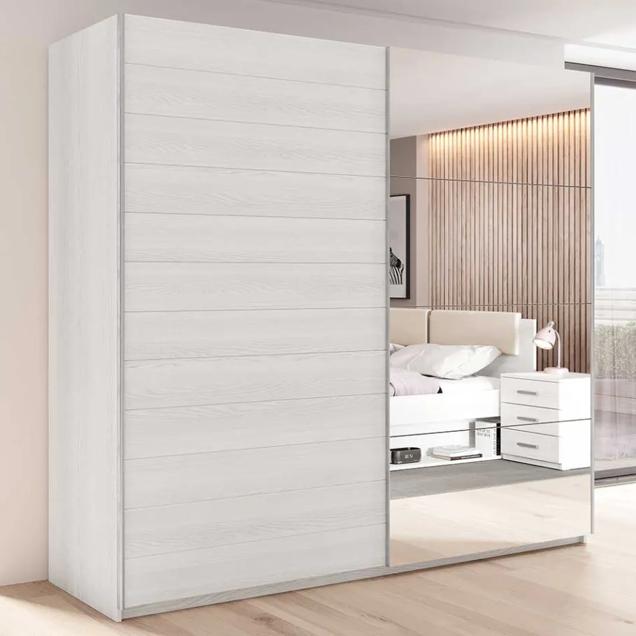 New Schwebetürenschrank in Weiß Esche Dekor - Pruducia Kleiderschränke