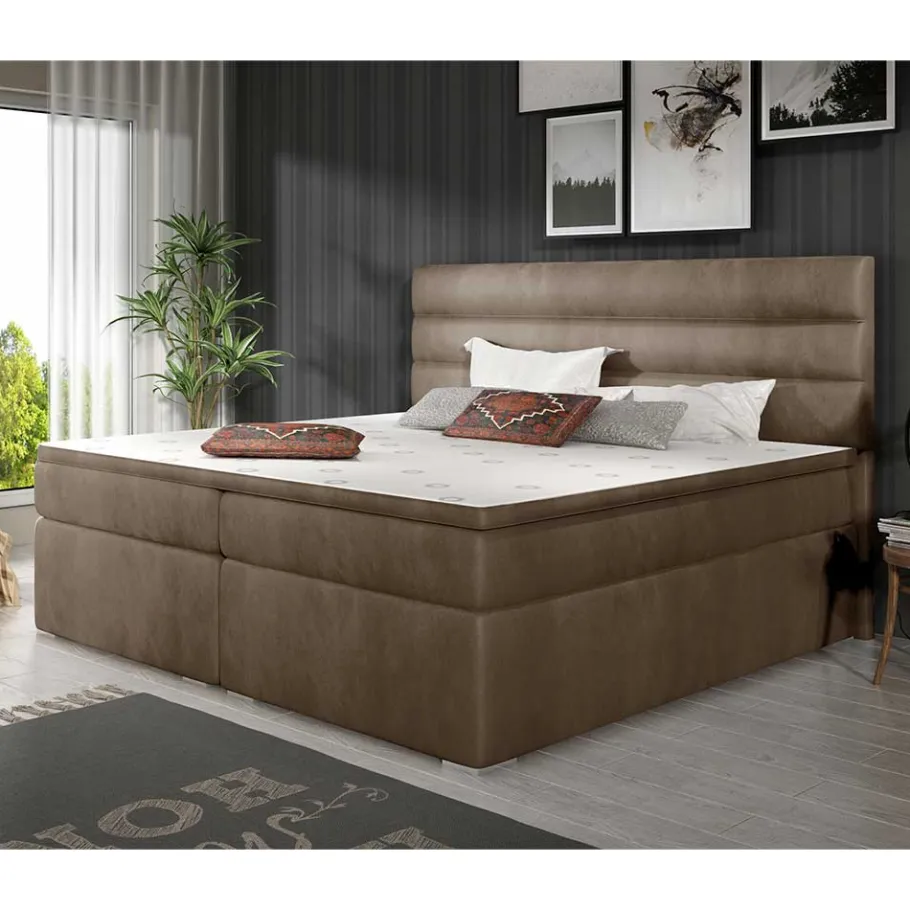 Best Stauraum-Polsterbett in Hellbraun Samt - Iceline Betten