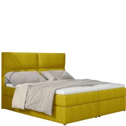 Best Stoffbett in Currygelb mit Matratzen und Topper - Hadaoi Betten