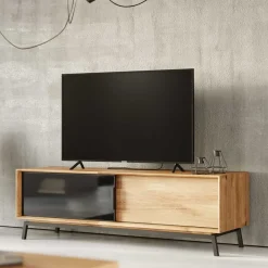 Sale TV Board mit Schiebetüren aus getöntem Glas & Eiche - Fabiella Tv & Hifi-Möbel|Lowboards
