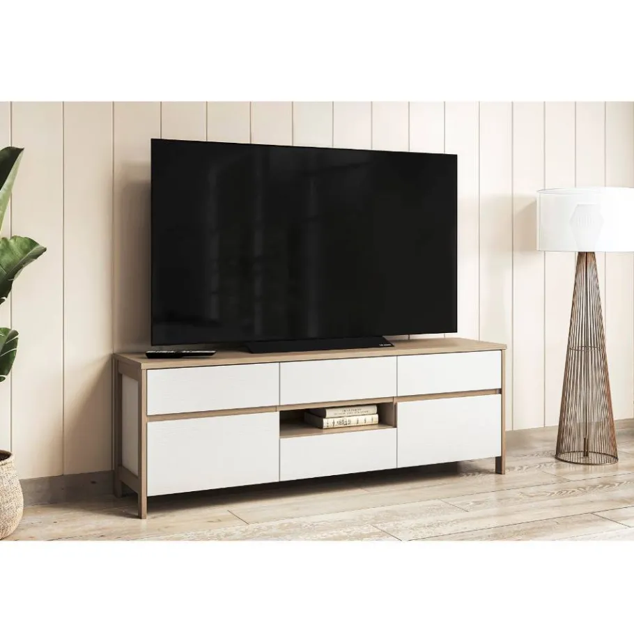 TV-Board in Weiß und Eiche Dekor - Ovidio Tv & Hifi-Möbel|Lowboards