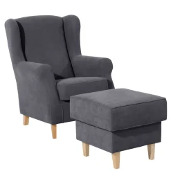 Clearance Velours-Ohrenbackensessel in Anthrazit - Marietta Sessel