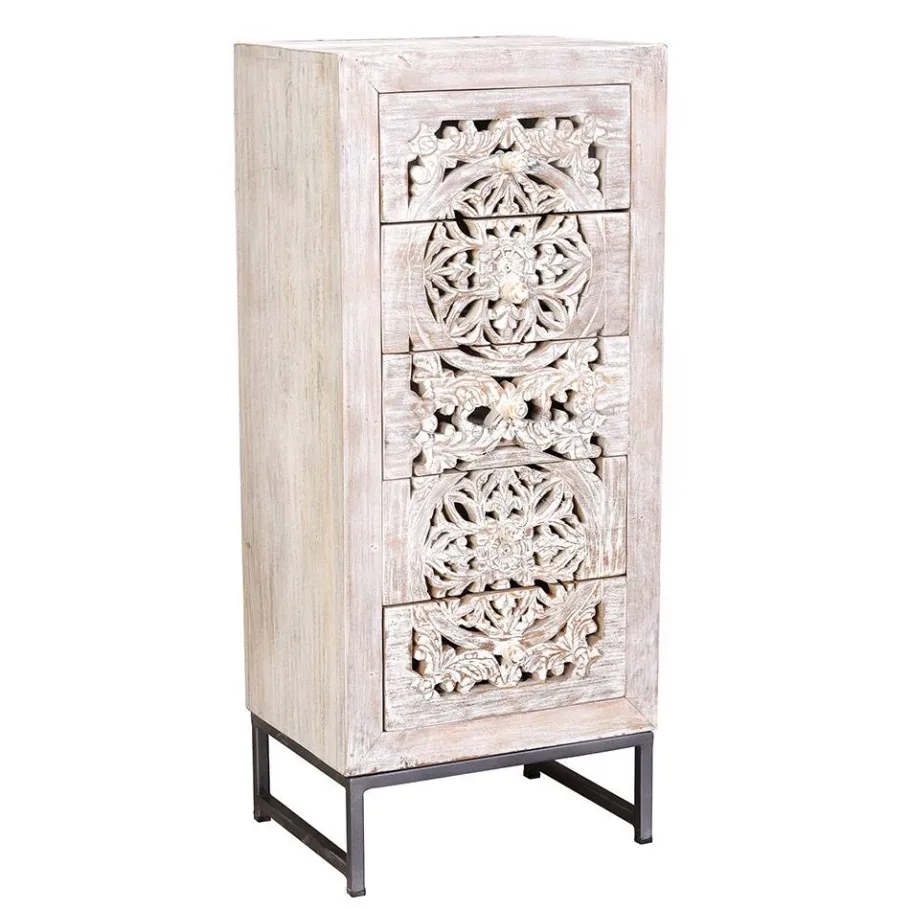 Vintage Hochkommode aus Mangoholz White Wash - Fudorus Kommoden