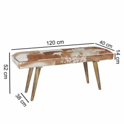 Vintage Landhaus Bank Ilusiana mit Fell Leder Holz 120cm Sitzbank