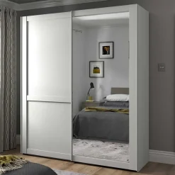 Outlet Weißer Schwebetüren-Schrank mit Spiegel - Flinn Kleiderschränke|Schränke