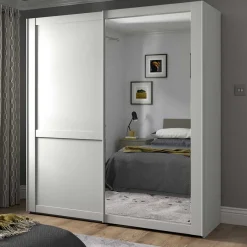 Outlet Weißer Schwebetüren-Schrank mit Spiegel - Flinn Kleiderschränke|Schränke