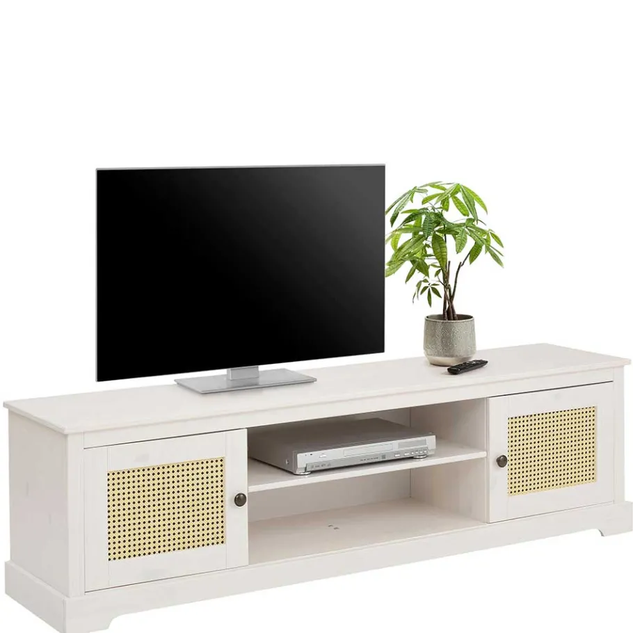 Weißes TV Board 2-türig mit Geflecht - Isvair Tv & Hifi-Möbel|Lowboards