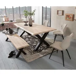 White Wash Essgruppe mit X-Fuß Tisch - Tilveta I (sechsteilig) Sitzgruppe