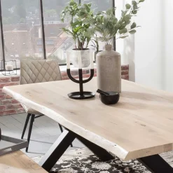 White Wash Essgruppe mit X-Fuß Tisch - Tilveta I (sechsteilig) Sitzgruppe