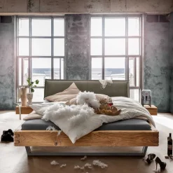 Sale Wildeiche Balkenbett mit Leder-Kopfteil - Abrahams Betten