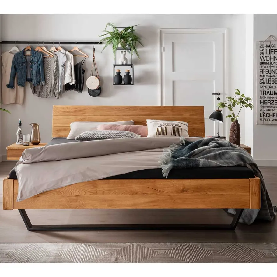 Outlet Wildeiche Bett mit Metallkufen in Schwarzgrau - Tomya Betten
