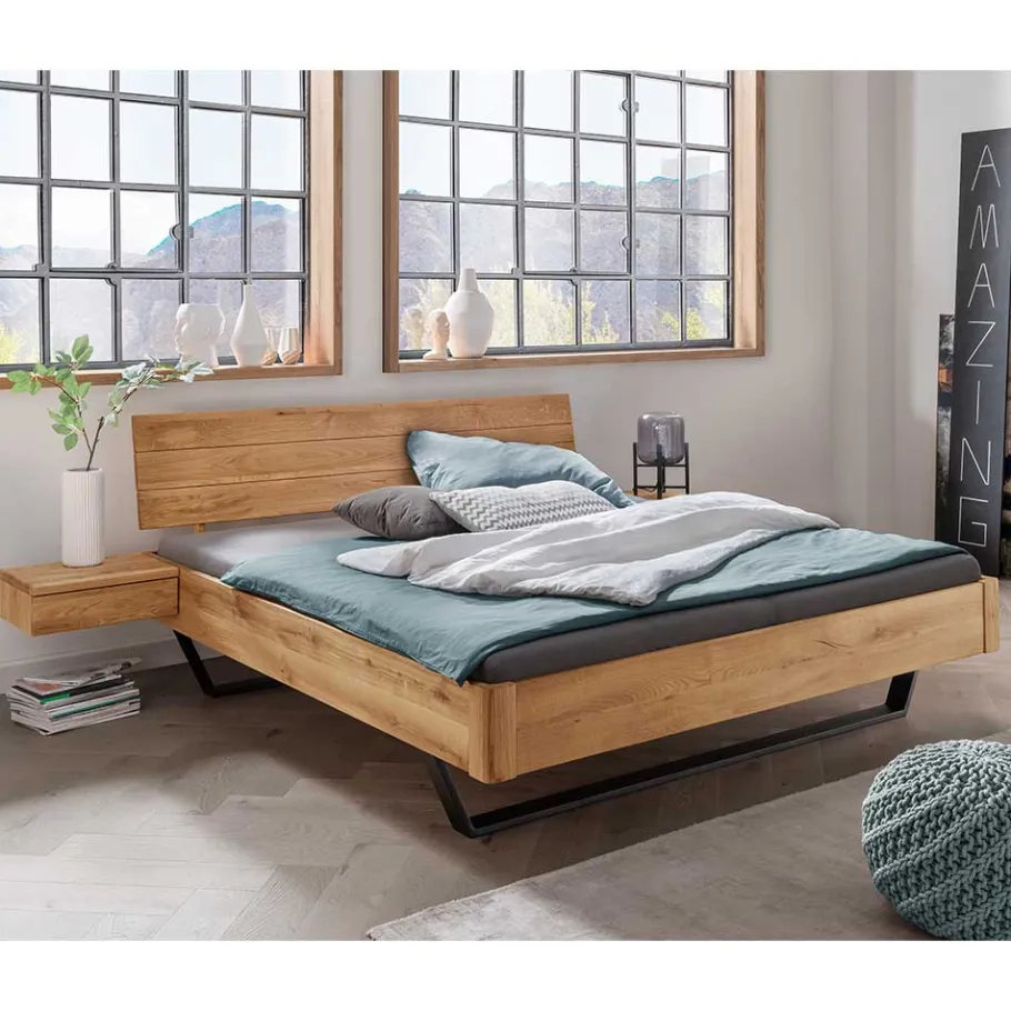 Outlet Wildeiche Bett mit Metallkufen in Schwarzgrau - Tomya Betten