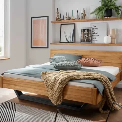 Outlet Wildeiche Bett mit Metallkufen in Schwarzgrau - Tomya Betten