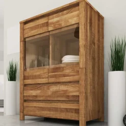 Wildeiche Highboard Nadalia massiv geölt Glas Highboards