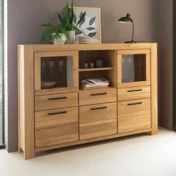 Sale Wildeiche Highboard Vitrine teilmassiv - Sophia Kommoden|Vitrinen